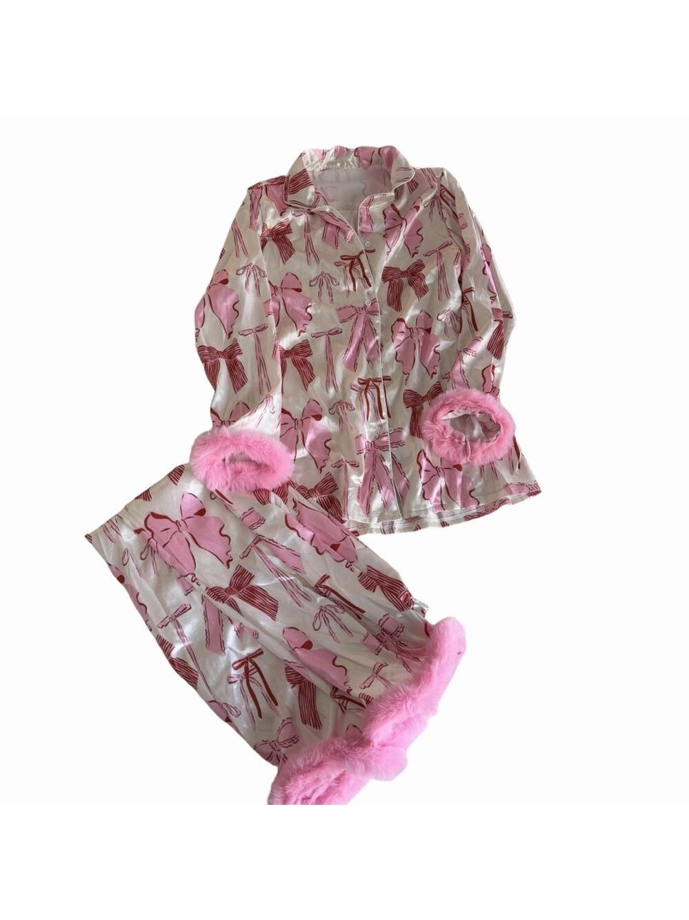 Women's Two Piece Silky Pink Long Sleeve and Pant Pajamas Size M #260259